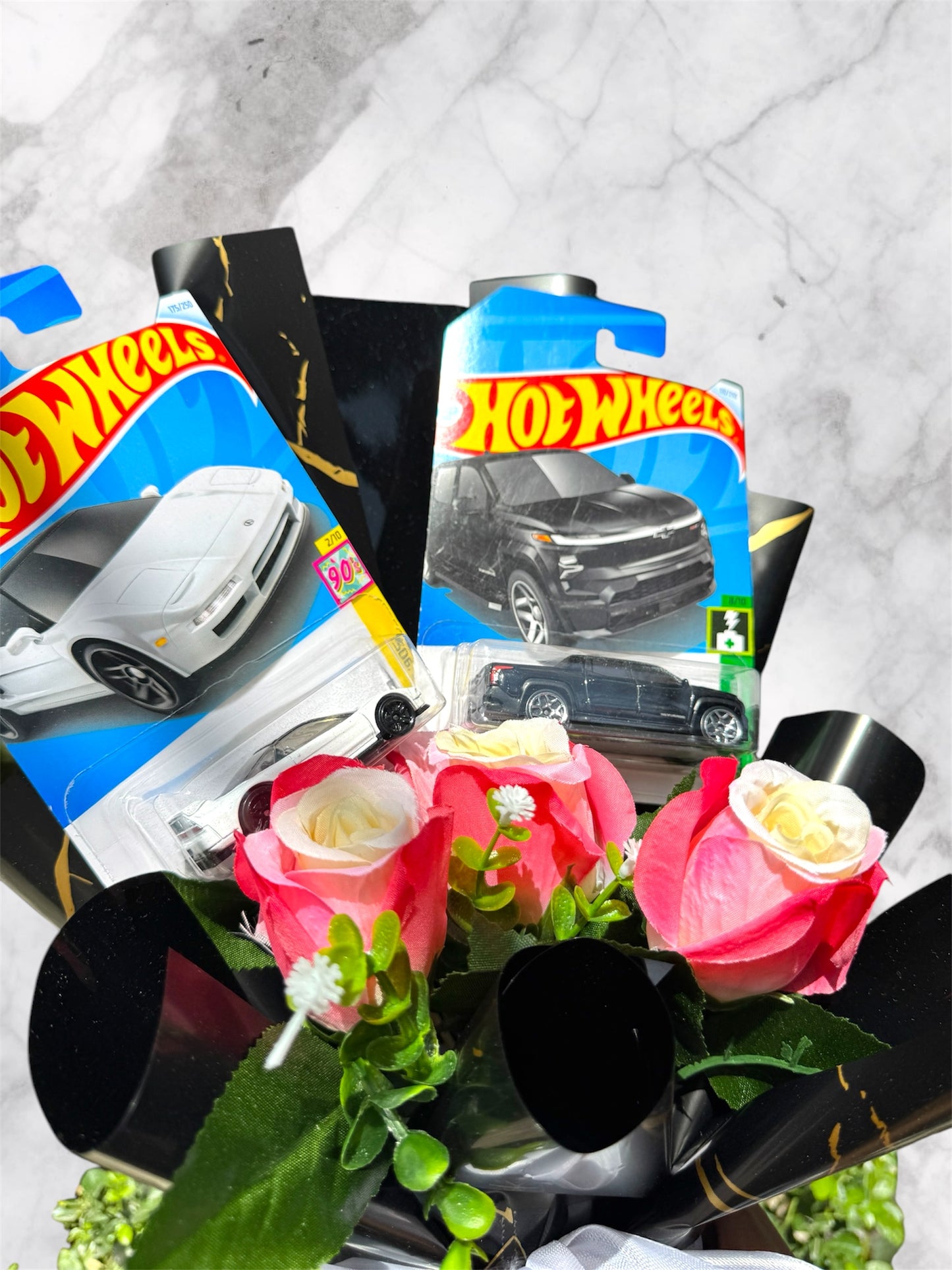 Premium Hot Wheels Car Bouquet - Silverado EV RST and White Semi-Premium car