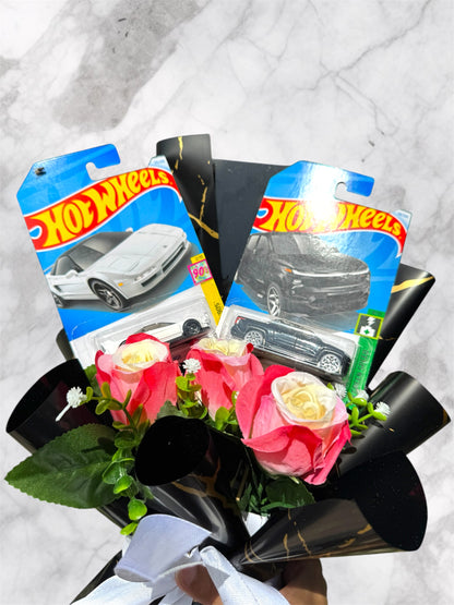 Premium Hot Wheels Car Bouquet -  Silverado EV RST and White Semi-Premium car