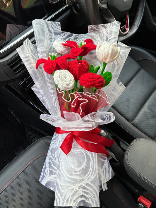 Royal Red And Ivory Crochet Flower Bouquet – Crimson Royale
