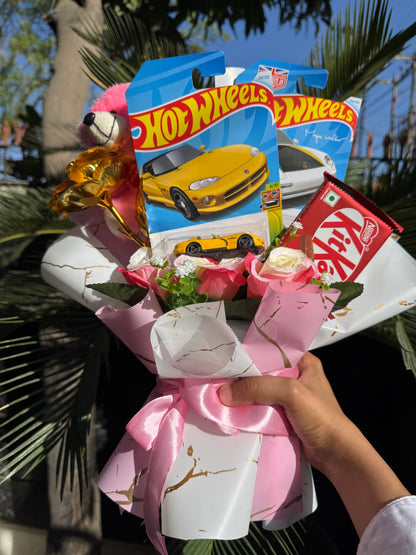 The Blush and Velocity Luxe Hot Wheels Bouquet- Teddy Kitkat Edition
