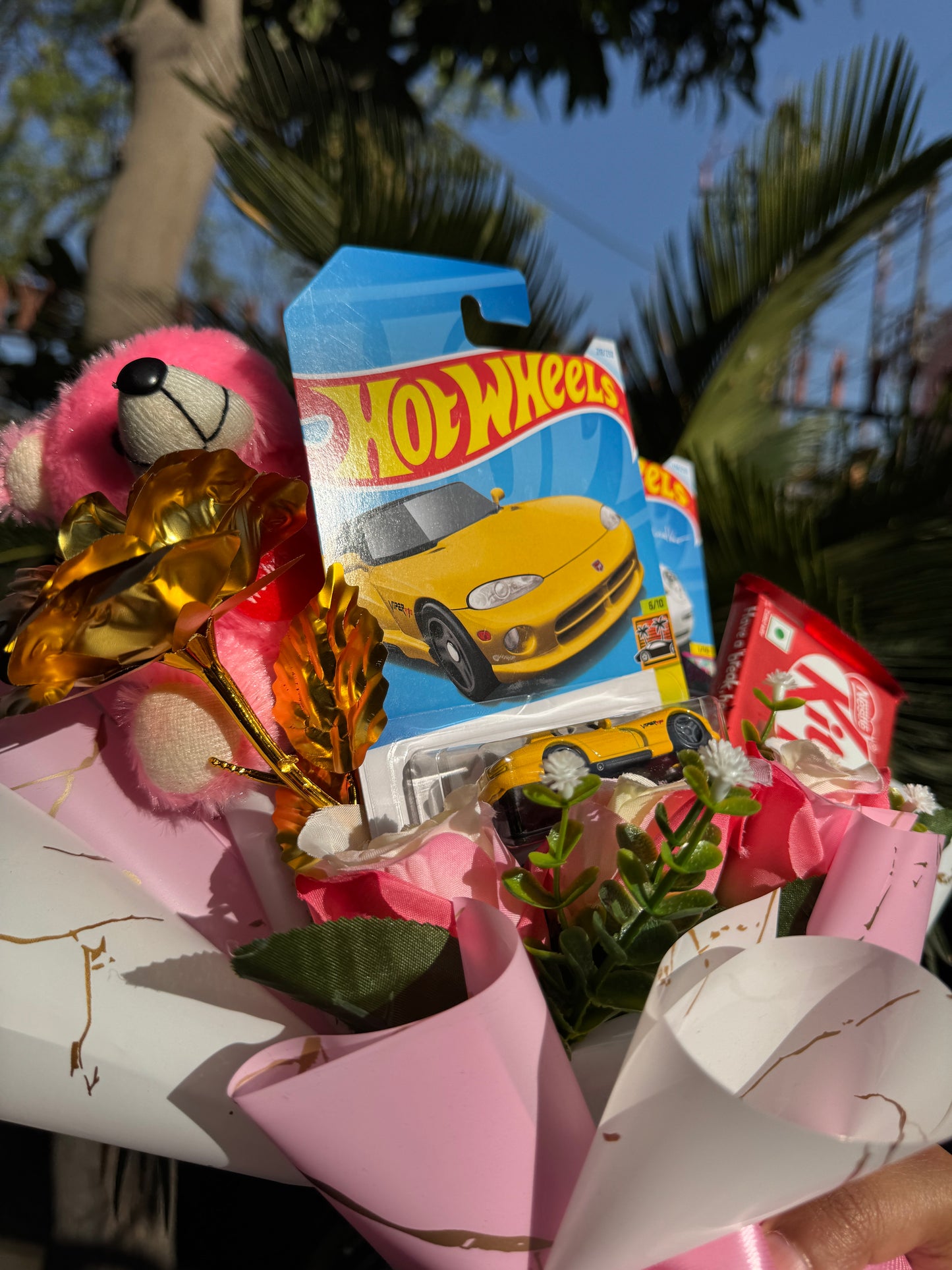 The Blush and Velocity Luxe Hot Wheels Bouquet- Teddy Kitkat Edition