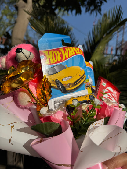 The Blush and Velocity Luxe Hot Wheels Bouquet- Teddy Kitkat Edition