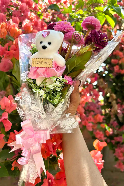 Pink Flower Teddy Lipstick Bouquet