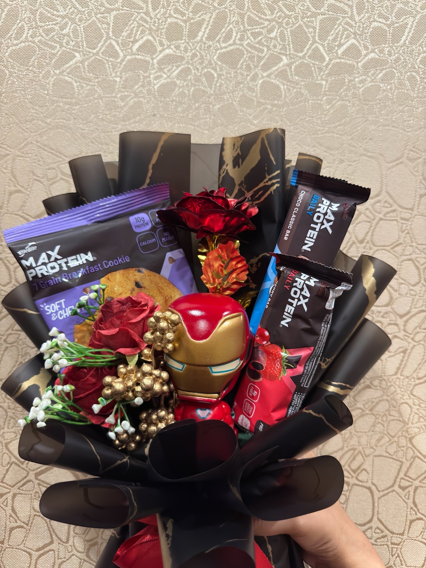 The Protein Bouquet - Iron Man with Protein Bar For Gym Essentials